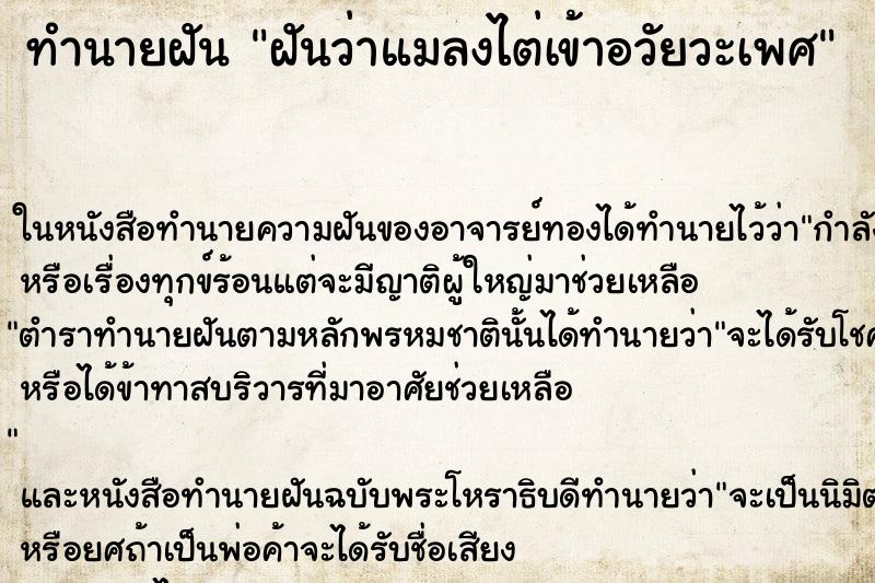 ทำนายฝันฝันว่าแมลงไต่เข้าอวัยวะเพศ ทำนายฝันทำนายฝันฝันว่าแมลงไต่เข้าอวัยวะเพศ