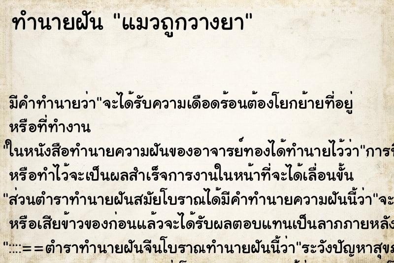 ทำนายฝัน แมวถูกวางยา ทำนายฝัน แมวถูกวางยา