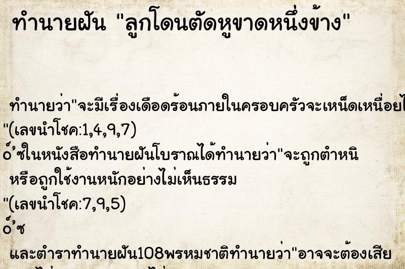 ทำนายฝัน ลูกโดนตัดหูขาดหนึ่งข้าง ทำนายฝัน ลูกโดนตัดหูขาดหนึ่งข้าง