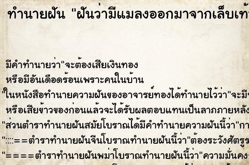 ทำนายฝัน ฝันว่ามีแมลงออกมาจากเล็บเท้าตัวเอง ทำนายฝัน ฝันว่ามีแมลงออกมาจากเล็บเท้าตัวเอง