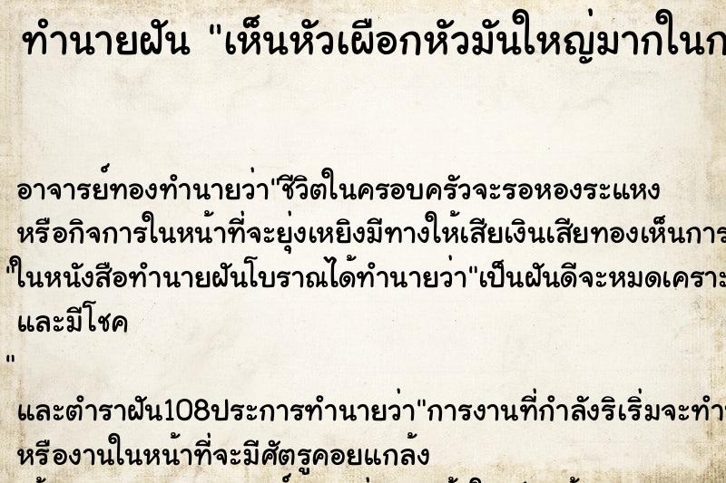 ทำนายฝัน เห็นหัวเผือกหัวมันใหญ่มากในกะละมัง ตำราโบราณ แม่นที่สุดในโลก