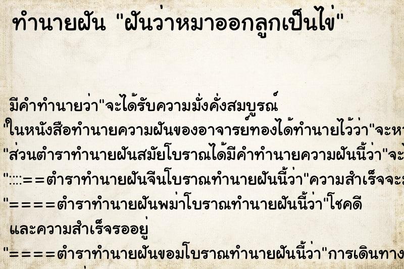 ทำนายฝัน ฝันว่าหมาออกลูกเป็นไข่ ตำราโบราณ แม่นที่สุดในโลก