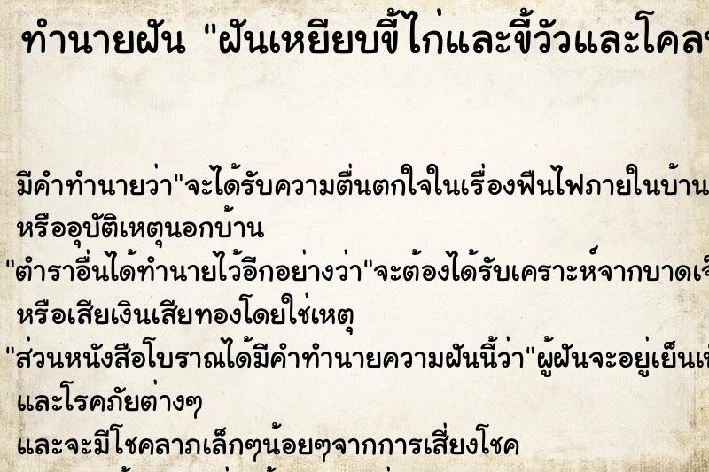 ทำนายฝัน ฝันเหยียบขี้ไก่และขี้วัวและโคลน ทำนายฝัน ฝันเหยียบขี้ไก่และขี้วัวและโคลน