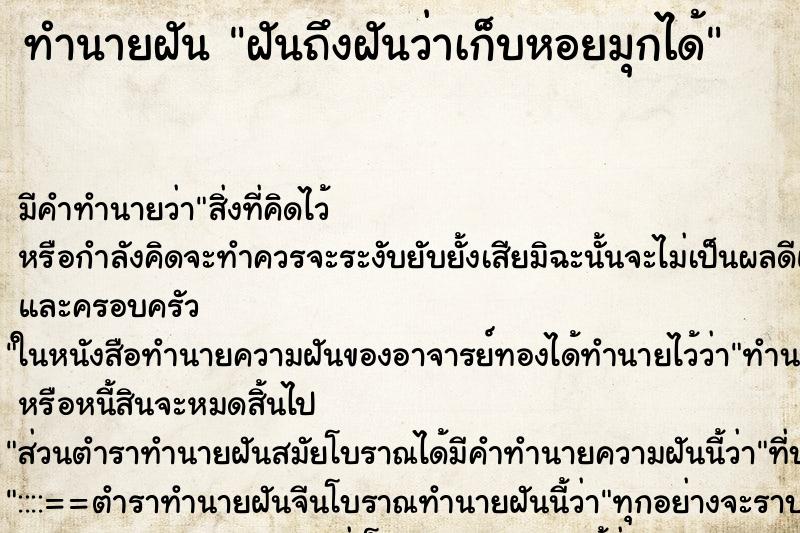 ทำนายฝันฝันถึงฝันว่าเก็บหอยมุกได้ ทำนายฝันทำนายฝันฝันถึงฝันว่าเก็บหอยมุกได้