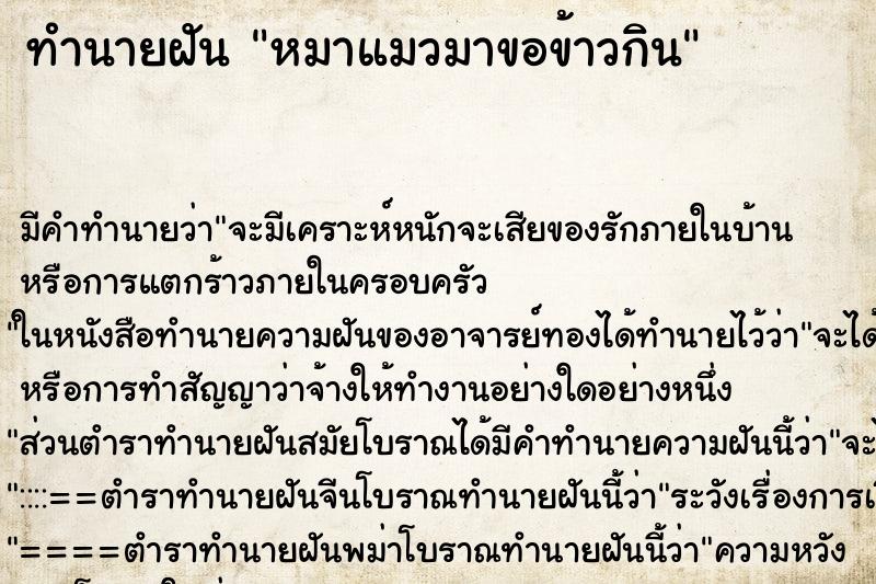ทำนายฝันหมาแมวมาขอข้าวกิน ทำนายฝันทำนายฝันหมาแมวมาขอข้าวกิน