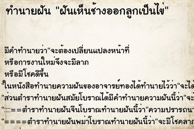 ทำนายฝันฝันเห็นช้างออกลูกเป็นไข่ ทำนายฝันทำนายฝันฝันเห็นช้างออกลูกเป็นไข่