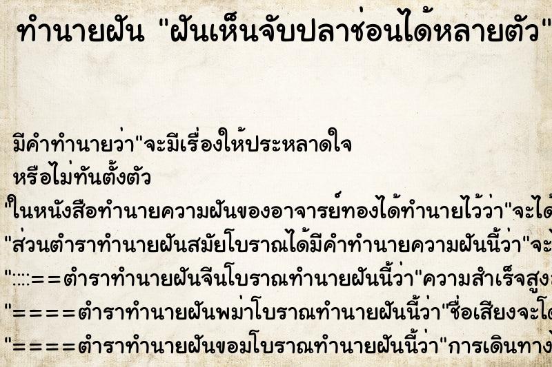 ทำนายฝัน ฝันเห็นจับปลาช่อนได้หลายตัว ทำนายฝัน ฝันเห็นจับปลาช่อนได้หลายตัว