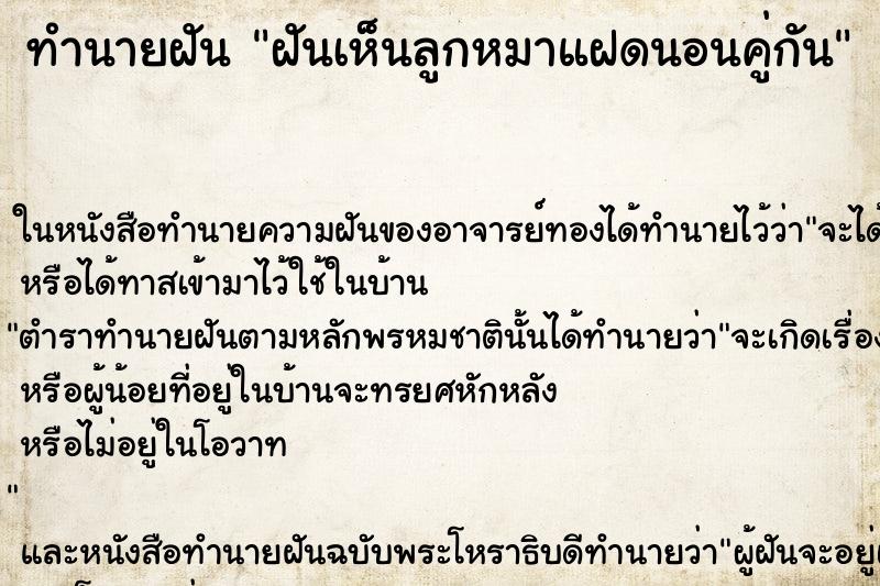 ทำนายฝันฝันเห็นลูกหมาแฝดนอนคู่กัน ทำนายฝันทำนายฝันฝันเห็นลูกหมาแฝดนอนคู่กัน