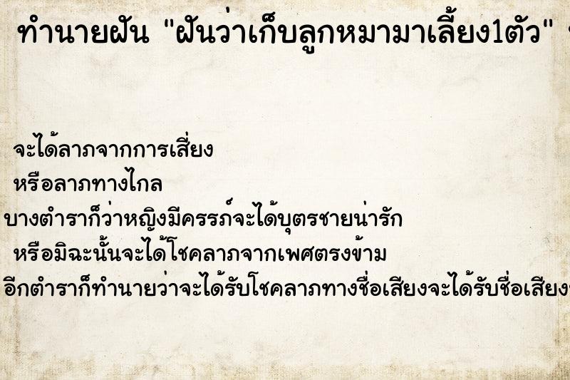 ทำนายฝัน ฝันว่าเก็บลูกหมามาเลี้ยง1ตัว ตำราโบราณ แม่นที่สุดในโลก