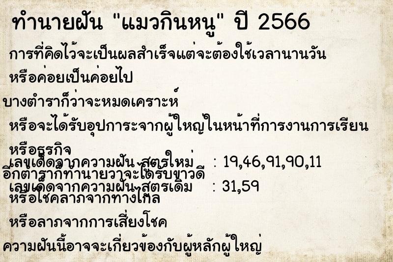 ทำนายฝัน แมวกินหนู แม่นๆ ฟรี ด้วยตำราหนังสือทำนายฝันโบราณ ทำนายฝันแมวกินหนู