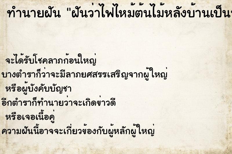 ทำนายฝันทำนายฝันฝันว่าไฟไหม้ต้นไม้หลังบ้านเป็นหย่อม