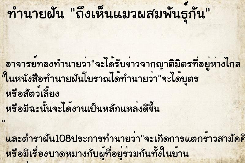 ทำนายฝันถึงเห็นแมวผสมพันธุ์กัน ทำนายฝันทำนายฝันถึงเห็นแมวผสมพันธุ์กัน