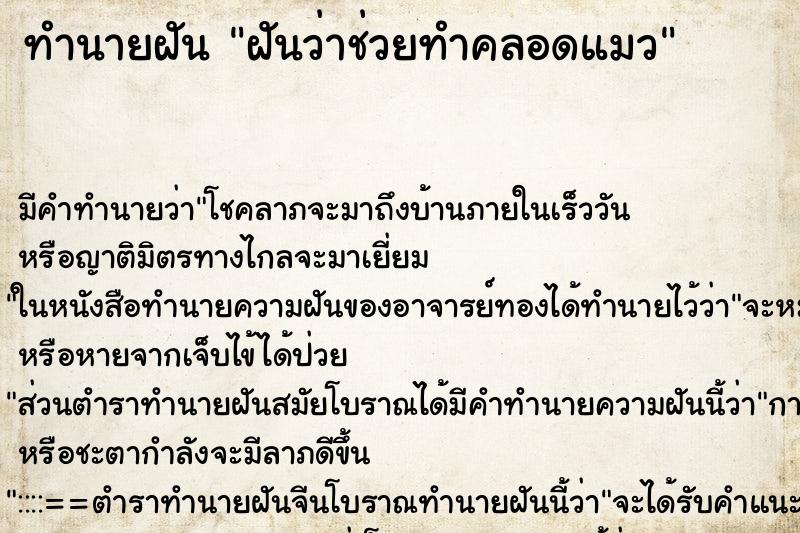 ทำนายฝันฝันว่าช่วยทำคลอดแมว ทำนายฝันทำนายฝันฝันว่าช่วยทำคลอดแมว