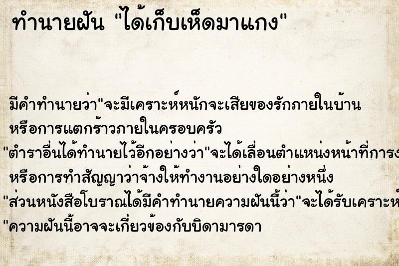 ทำนายฝัน ได้เก็บเห็ดมาแกง ทำนายฝัน ได้เก็บเห็ดมาแกง