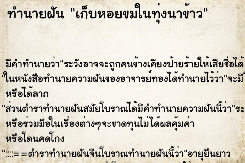 ทำนายฝัน เก็บหอยขมในทุ่งนาข้าว ทำนายฝัน เก็บหอยขมในทุ่งนาข้าว