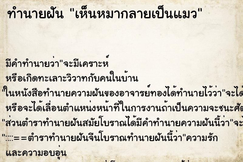 ทำนายฝันเห็นหมากลายเป็นแมว ทำนายฝันทำนายฝันเห็นหมากลายเป็นแมว