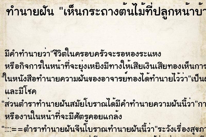 ทำนายฝันเห็นกระถางต้นไม้ที่ปลูกหน้าบ้านหาย ทำนายฝันทำนายฝันเห็นกระถางต้นไม้ที่ปลูกหน้าบ้านหาย