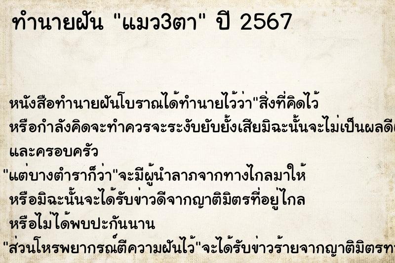 ทำนายฝันทำนายฝันแมว3ตา