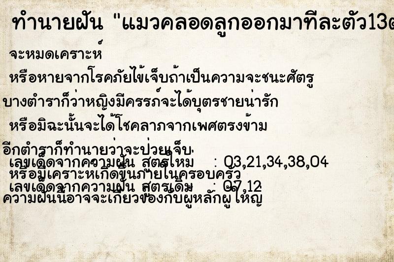 ทำนายฝันทำนายฝันแมวคลอดลูกออกมาทีละตัว13ตัวได้วันหัส