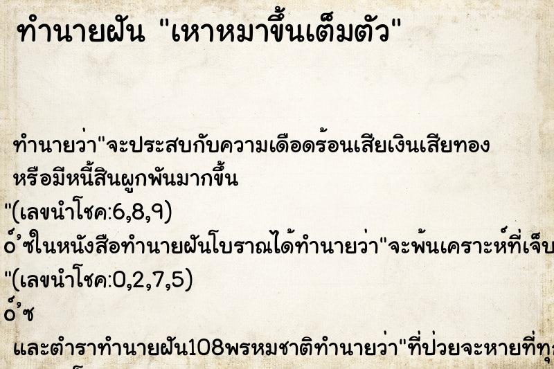 ทำนายฝันเหาหมาขึ้นเต็มตัว ทำนายฝันทำนายฝันเหาหมาขึ้นเต็มตัว