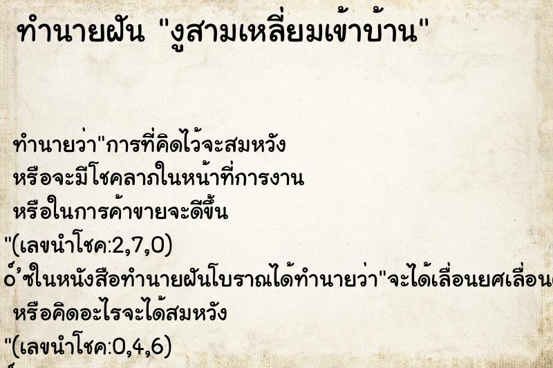 ทำนายฝันงูสามเหลี่ยมเข้าบ้าน ทำนายฝันทำนายฝันงูสามเหลี่ยมเข้าบ้าน
