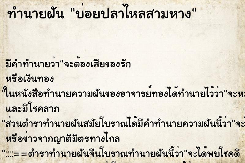 ทำนายฝันบ่อยปลาไหลสามหาง ทำนายฝันทำนายฝันบ่อยปลาไหลสามหาง