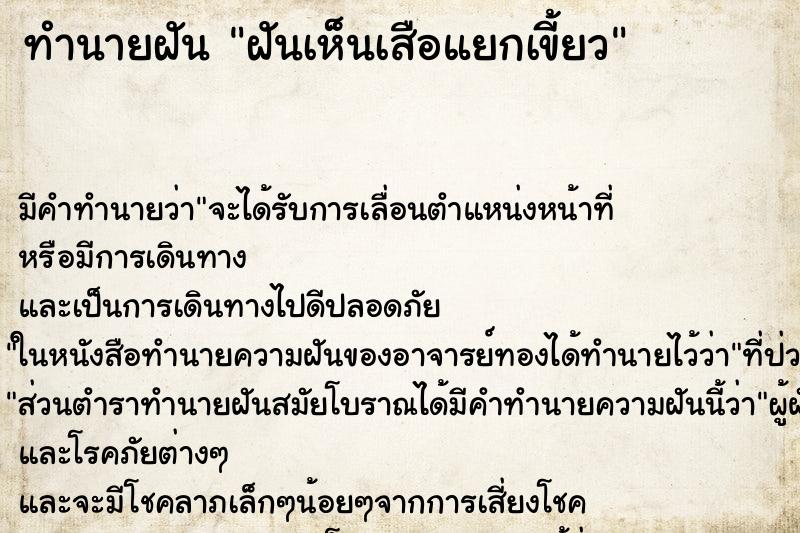 ทำนายฝัน ฝันเห็นเสือแยกเขี้ยว ตำราโบราณ แม่นที่สุดในโลก