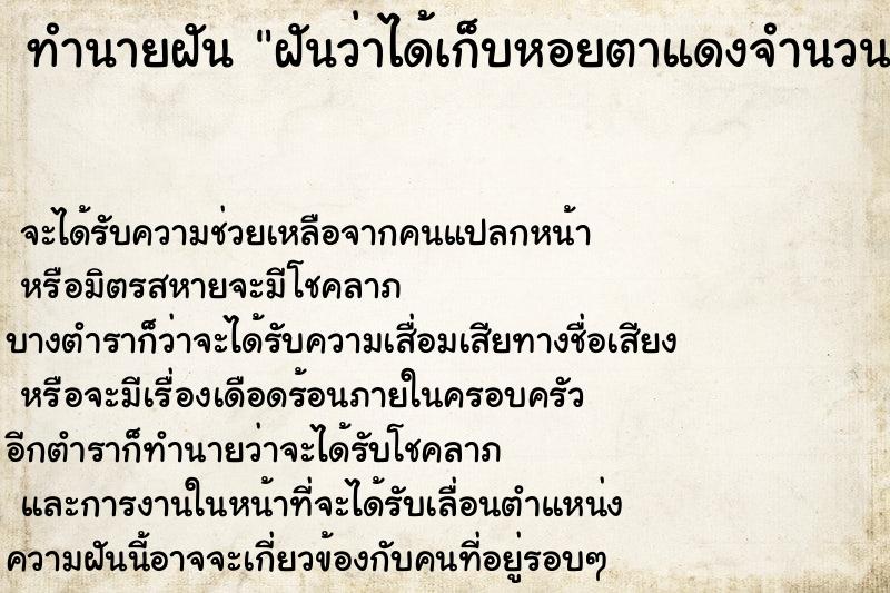 ทำนายฝัน ฝันว่าได้เก็บหอยตาแดงจำนวนมาก ทำนายฝัน ฝันว่าได้เก็บหอยตาแดงจำนวนมาก