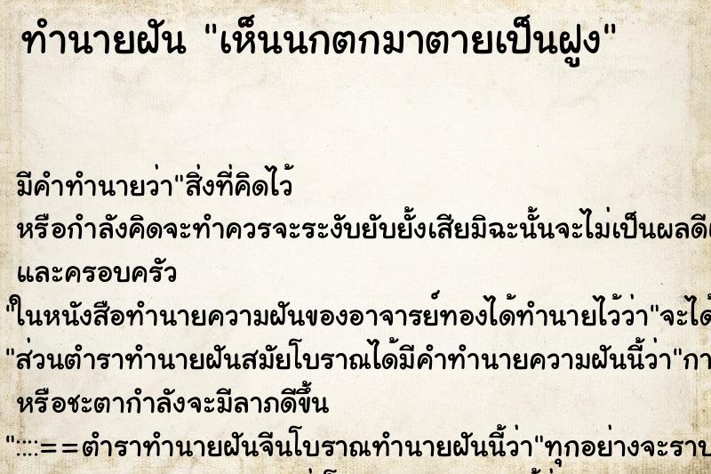 ทำนายฝัน เห็นนกตกมาตายเป็นฝูง ตำราโบราณ แม่นที่สุดในโลก