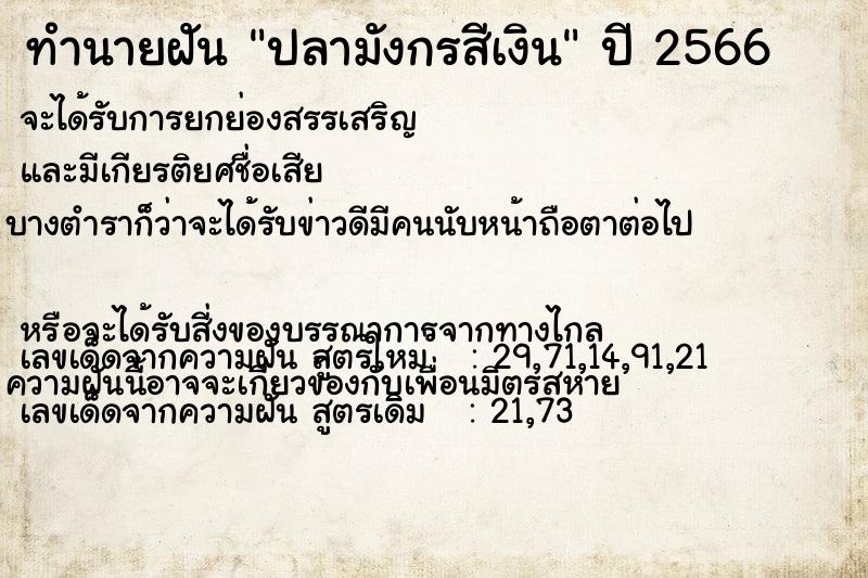 ทำนายฝัน ปลามังกรสีเงิน ทำนายฝัน ปลามังกรสีเงิน