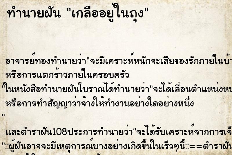 ทำนายฝันเกลืออยู่ในถุง ทำนายฝันทำนายฝันเกลืออยู่ในถุง