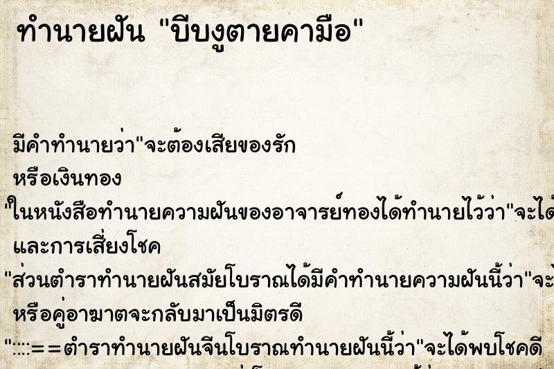 ทำนายฝันบีบงูตายคามือ ทำนายฝันทำนายฝันบีบงูตายคามือ