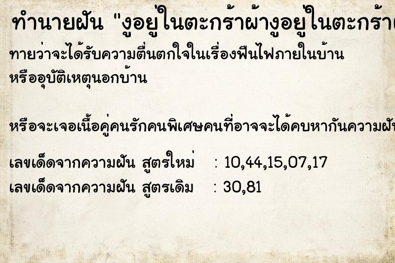 ทำนายฝัน งูอยู่ในตะกร้าผ้างูอยู่ในตะกร้าผ้า ทำนายฝัน งูอยู่ในตะกร้าผ้างูอยู่ในตะกร้าผ้า