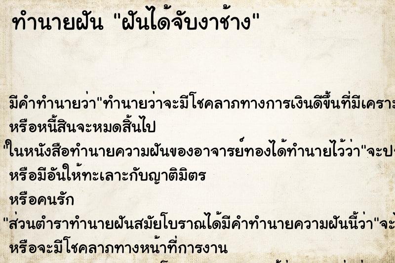 ทำนายฝัน ฝันได้จับงาช้าง ตำราโบราณ แม่นที่สุดในโลก