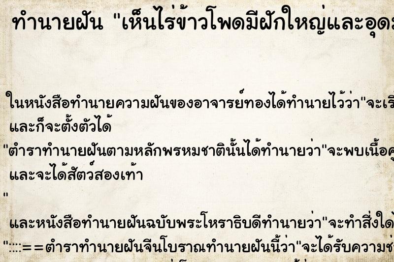 ทำนายฝันเห็นไร่ข้าวโพดมีฝักใหญ่และอุดมสมบูรณ์ ทำนายฝันทำนายฝันเห็นไร่ข้าวโพดมีฝักใหญ่และอุดมสมบูรณ์
