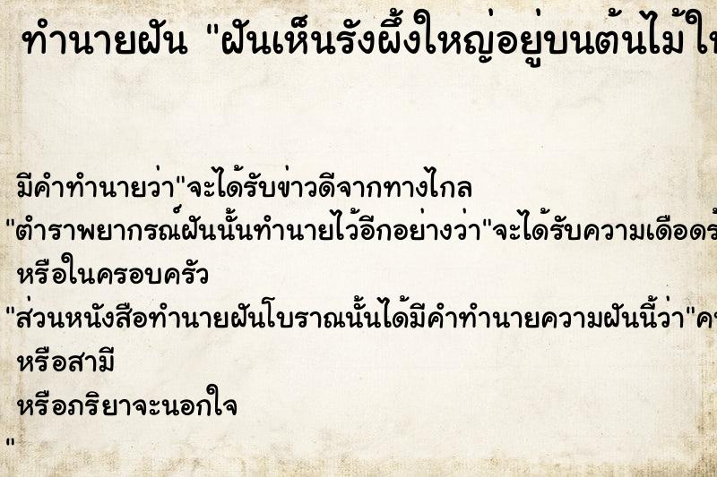 ทำนายฝันทำนายฝันฝันเห็นรังผึ้งใหญ่อยู่บนต้นไม้ใหญ่