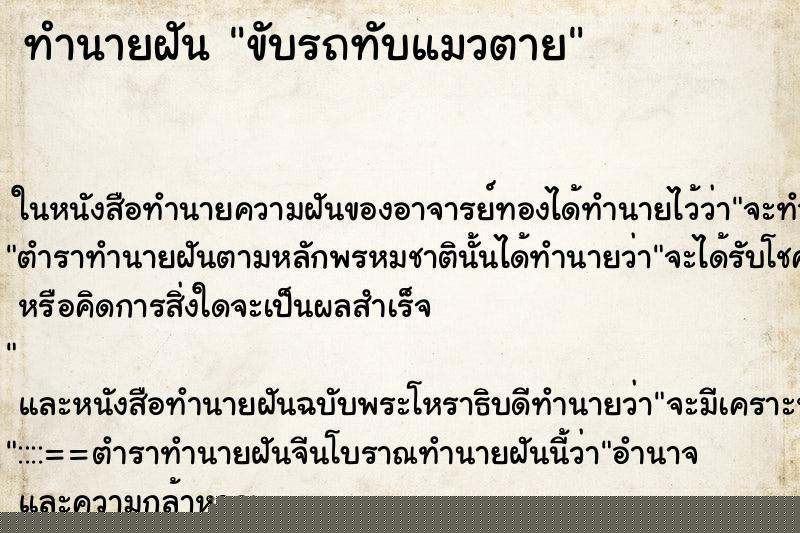 ทำนายฝัน ขับรถทับแมวตาย ทำนายฝัน ขับรถทับแมวตาย