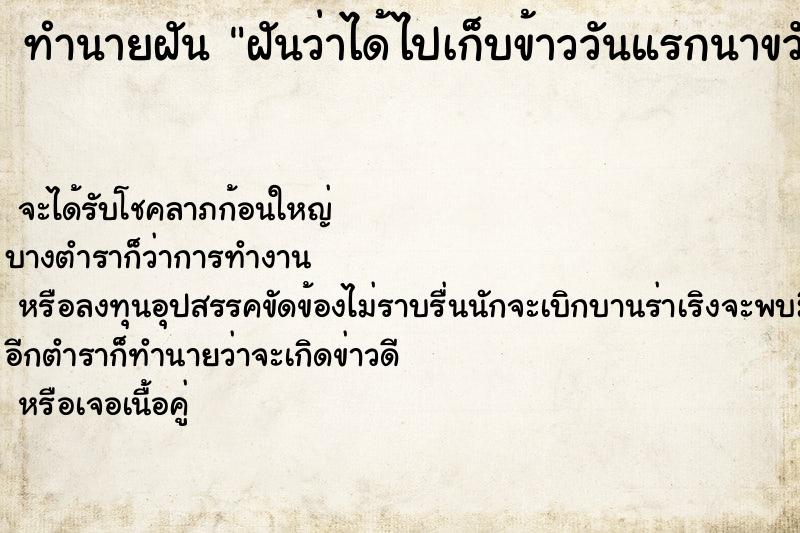 ทำนายฝันฝันว่าได้ไปเก็บข้าววันแรกนาขวัญฝันวัน ทำนายฝันทำนายฝันฝันว่าได้ไปเก็บข้าววันแรกนาขวัญฝันวัน