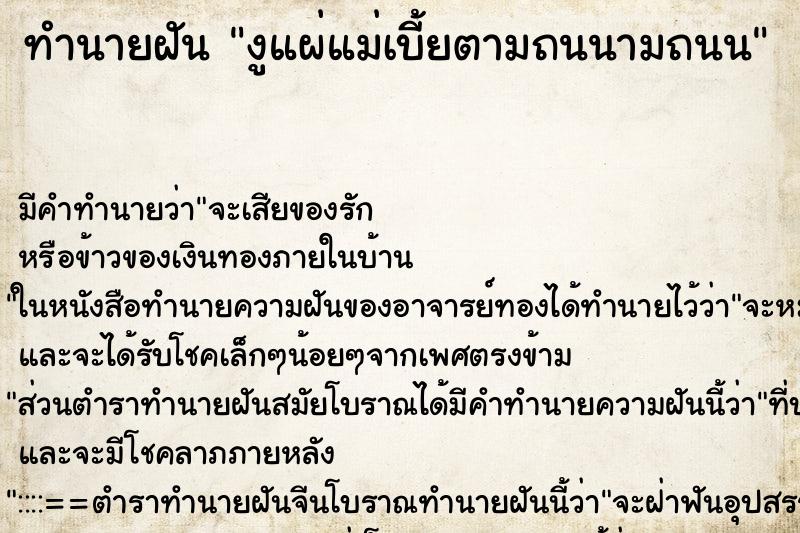 ทำนายฝัน งูแผ่แม่เบี้ยตามถนนามถนน ทำนายฝัน งูแผ่แม่เบี้ยตามถนนามถนน