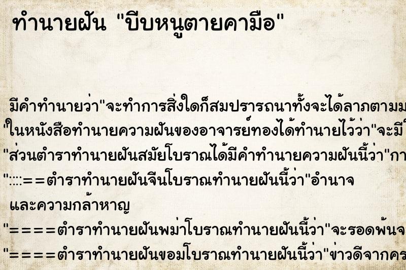 ทำนายฝัน บีบหนูตายคามือ ทำนายฝัน บีบหนูตายคามือ