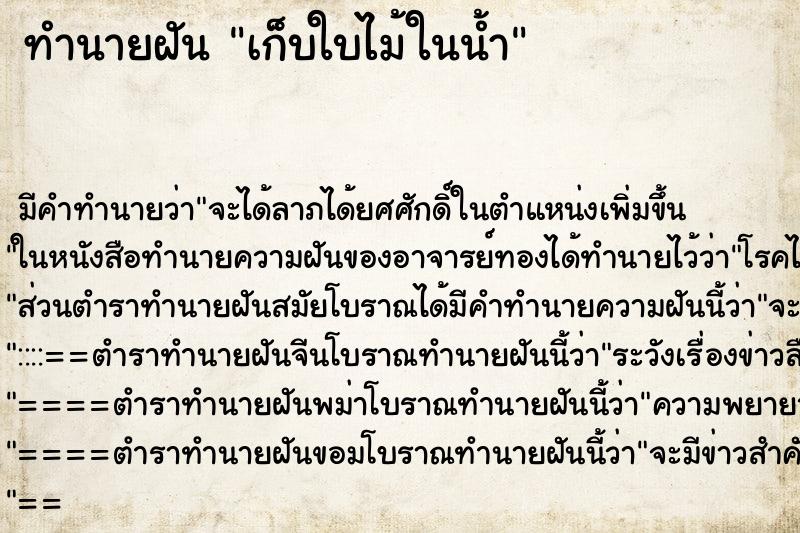 ทำนายฝันเก็บใบไม้ในน้ำ ทำนายฝันทำนายฝันเก็บใบไม้ในน้ำ