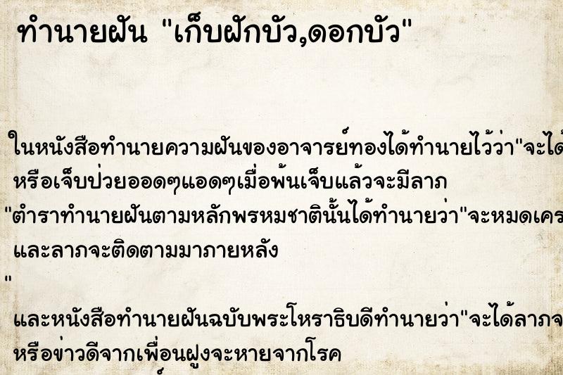 ทำนายฝัน เก็บฝักบัว,ดอกบัว ทำนายฝัน เก็บฝักบัว,ดอกบัว