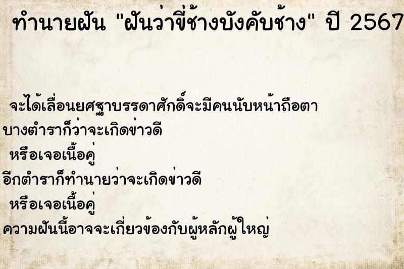 ทำนายฝันทำนายฝันฝันว่าขี่ช้างบังคับช้าง