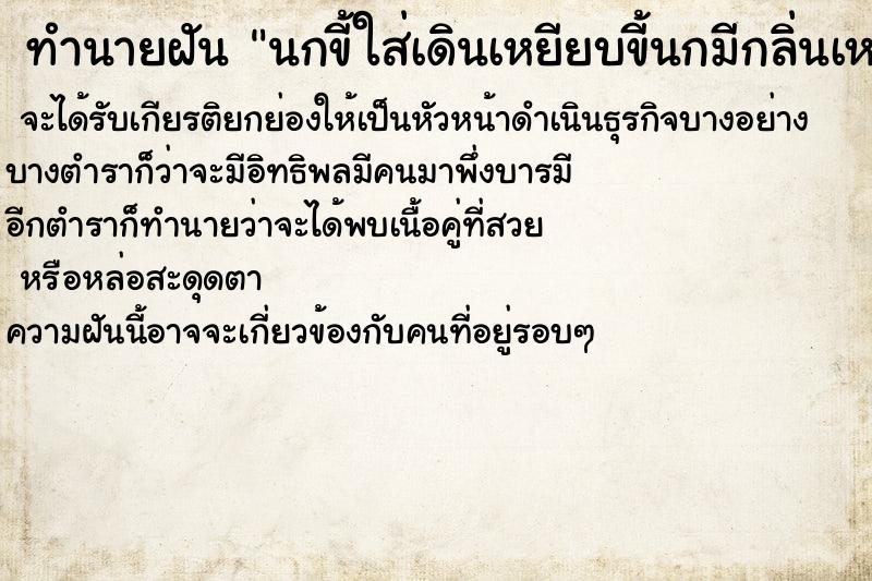 ทำนายฝันนกขี้ใส่เดินเหยียบขี้นกมีกลิ่นเหม็น ทำนายฝันทำนายฝันนกขี้ใส่เดินเหยียบขี้นกมีกลิ่นเหม็น