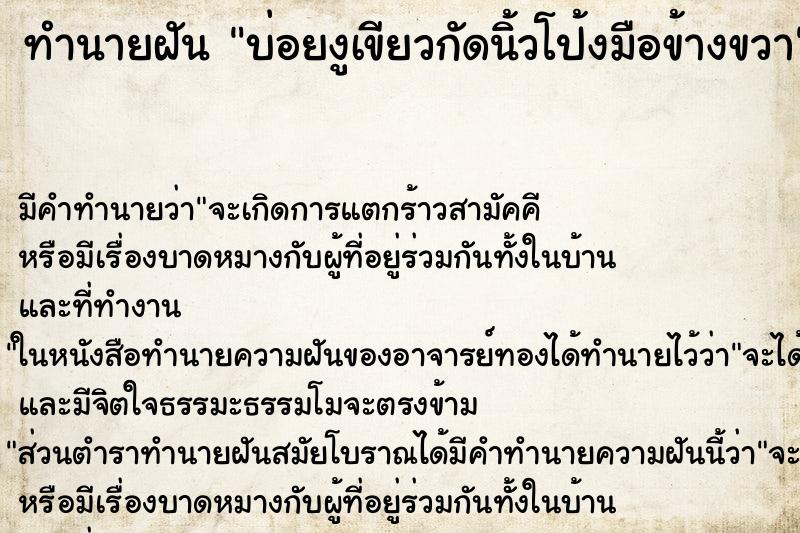 ทำนายฝันบ่อยงูเขียวกัดนิ้วโป้งมือข้างขวา ทำนายฝันทำนายฝันบ่อยงูเขียวกัดนิ้วโป้งมือข้างขวา