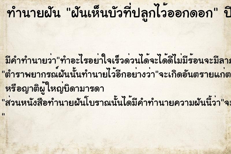 ทำนายฝัน ฝันเห็นบัวที่ปลูกไว้ออกดอก ตำราโบราณ แม่นที่สุดในโลก