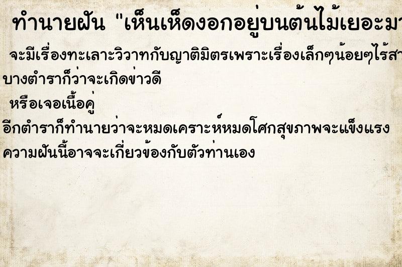 ทำนายฝัน เห็นเห็ดงอกอยู่บนต้นไม้เยอะมาก ทำนายฝัน เห็นเห็ดงอกอยู่บนต้นไม้เยอะมาก