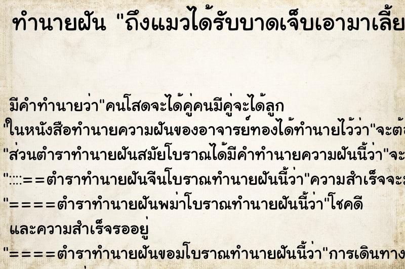 ทำนายฝัน ถึงแมวได้รับบาดเจ็บเอามาเลี้ยง ทำนายฝัน ถึงแมวได้รับบาดเจ็บเอามาเลี้ยง