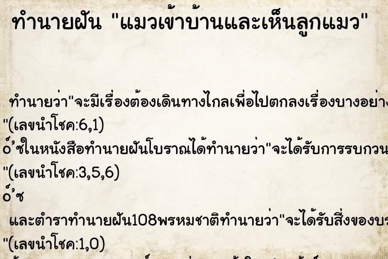 ทำนายฝันแมวเข้าบ้านและเห็นลูกแมว ทำนายฝันทำนายฝันแมวเข้าบ้านและเห็นลูกแมว