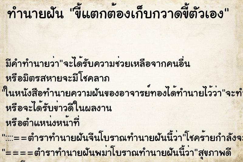 ทำนายฝัน ขี้แตกต้องเก็บกวาดขี้ตัวเอง ทำนายฝัน ขี้แตกต้องเก็บกวาดขี้ตัวเอง